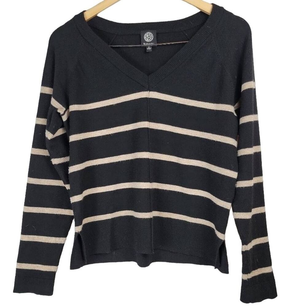 Bobeau Womens Sweater Black Beige Stripe V Neck Long Sleeve Size S